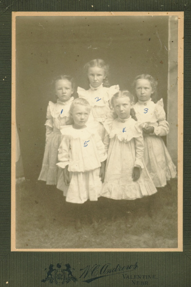 Alice Johnson & cousins 1. Ethel Hook
Dewalt, 2. Alice Johnson, 3. Dora Barnes Haynes (she was
Alice's Maid of Honor), 4. Anna Poland Brown (Aunt Nettie's
daughter), 5. Inez Ames