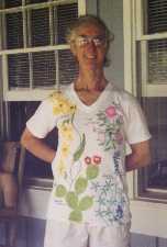 Bill wearing a t-shirt with flowering plants drawn on
it in fabric marker